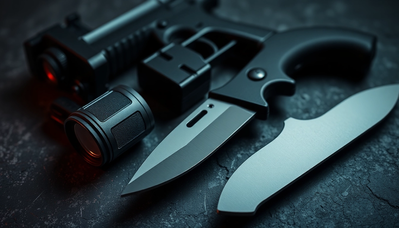 Self-Defense Weapons including pepper spray, stun gun, and tactical knife for personal safety and security.