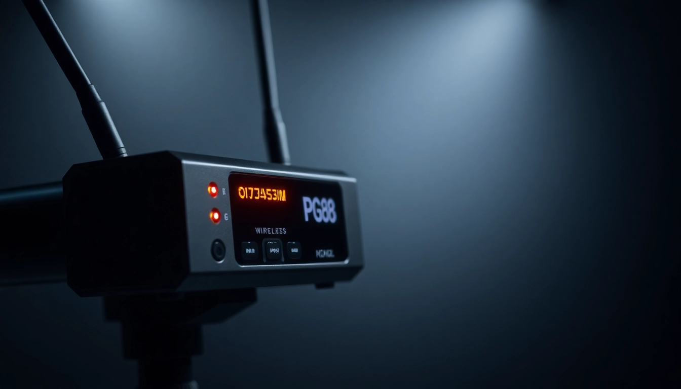 PG88 wireless microphone receiver with signal indicators and sleek design, demonstrating professional audio equipment.
