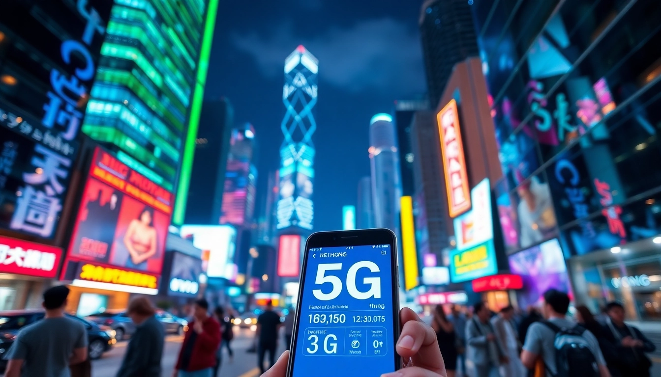 香港夜景，展現5G科技的動態城市景觀，手機顯示數據使用情況。