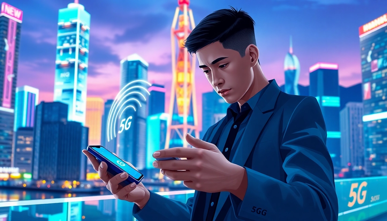 香港城市夜景中的年輕專業人士用手機展示5G連接，背景有數碼屏幕和網絡塔，燈光閃爍，氛圍科技感十足。