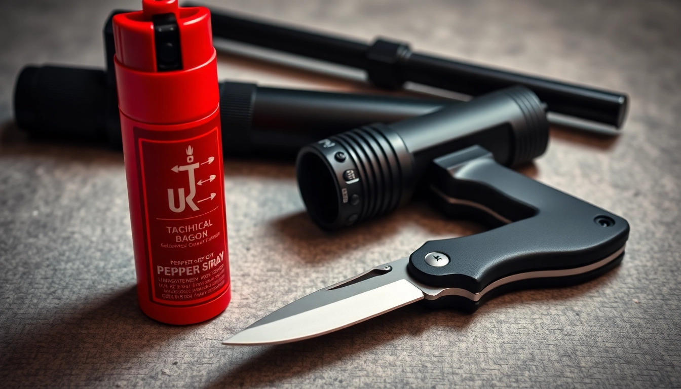 Self-Defense Weapons like pepper spray, baton, and knife for personal safety and protection
