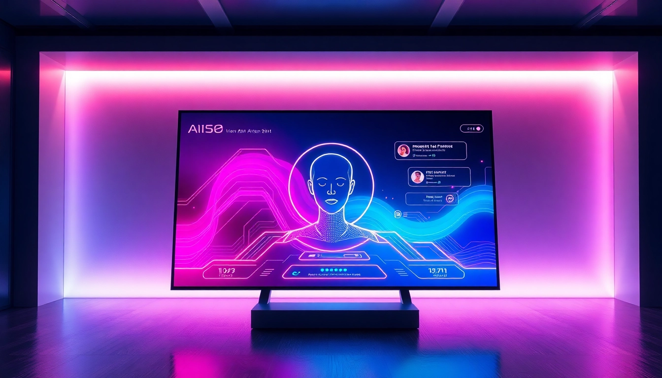 Futuristic AI interface on a sleek screen with vibrant neon graphics in a dimly lit modern room.