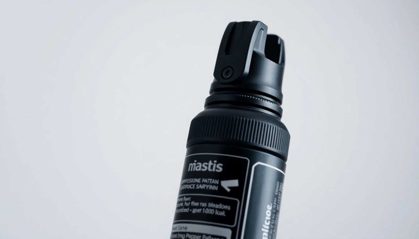 Pepper Spray canister with safety lock and clear labeling, designed for self-defense and personal safety.