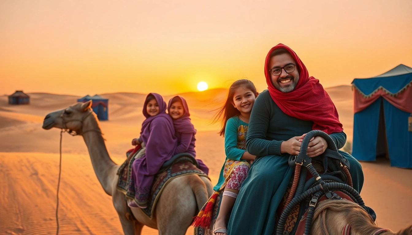 Family holiday in Morocco with children riding camels near the Sahara dunes at sunset, creating unforgettable memories
