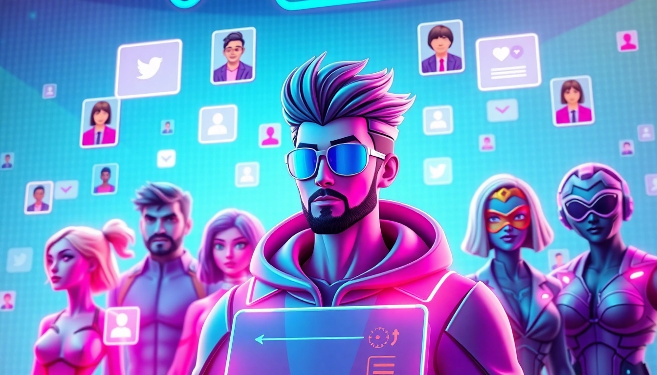Futuristic virtual social media interface with diverse fandom avatars and dynamic digital elements.