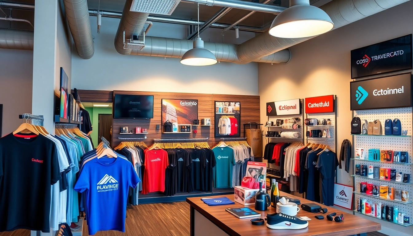 Vibrant display of promotional products in Louisville, featuring branded apparel, tech gadgets, and signage to boost business visibility.