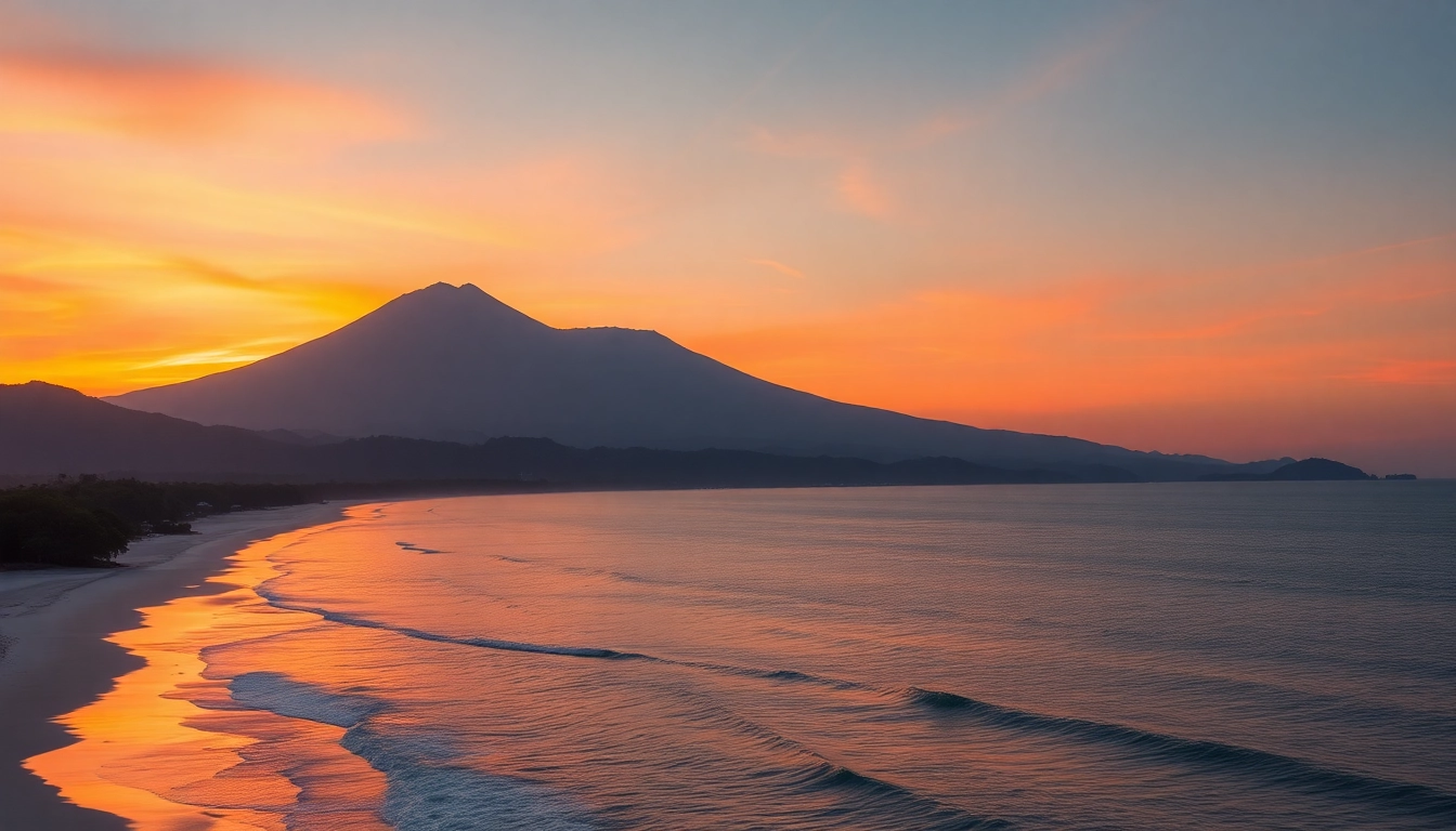 Lombok's stunning sunset over clear waters and lush coastline, highlighting natural beauty.