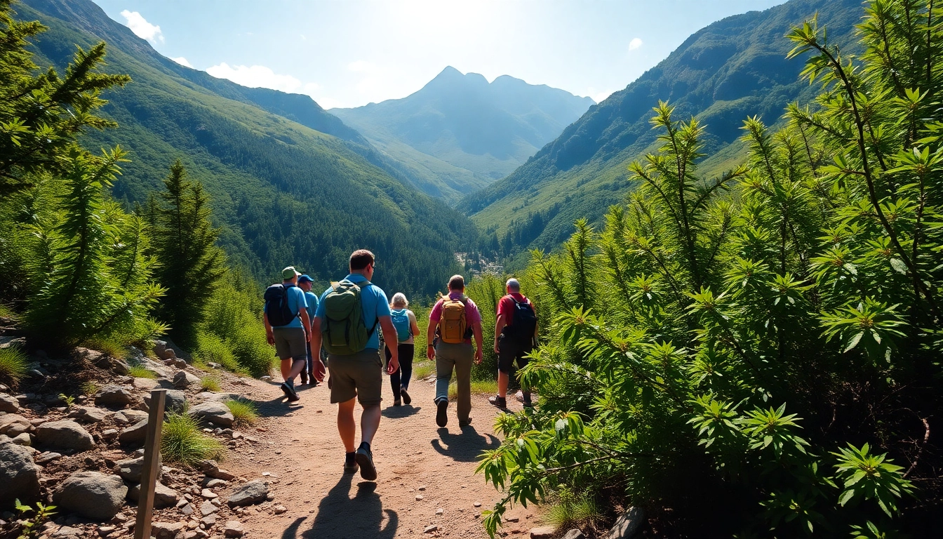 Guided hike through scenic mountains with an expert guide leading a group along lush trails, capturing adventure and nature.