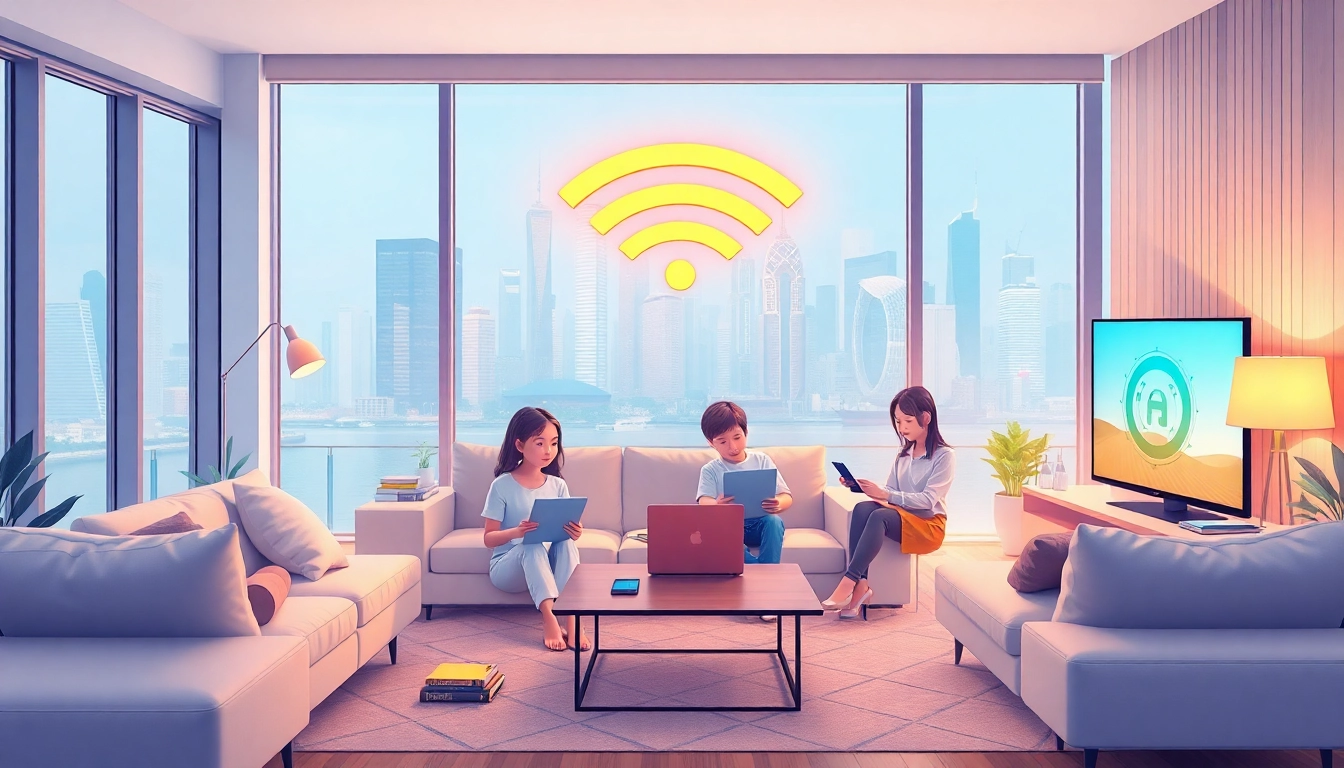 香港家庭在現代客廳中使用多款電子設備，背景是城市天際線和大窗戶，展現高速穩定的家居寬頻連接。