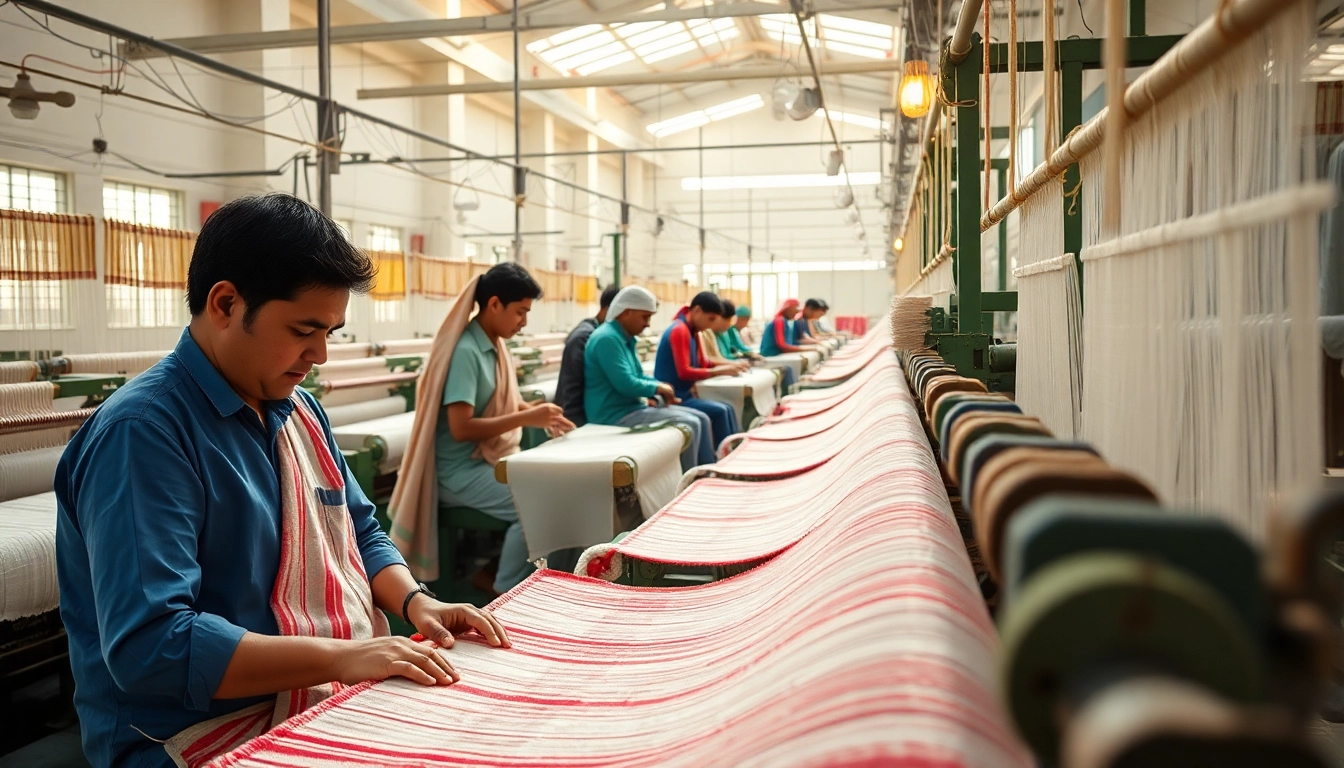 The towel manufacturing process in Pakistan with skilled workers, looms, and woven textiles highlighting Pakistan's growing towel industry.