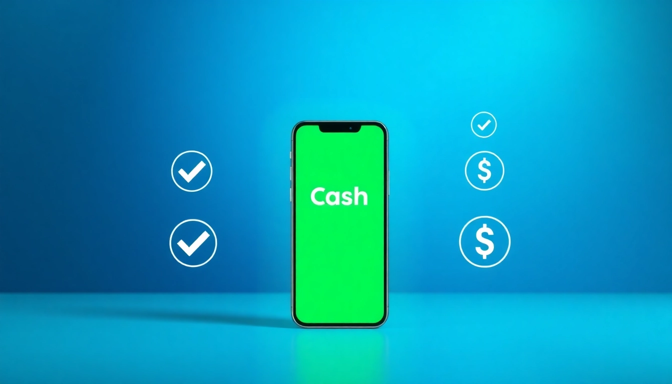 An image of a smartphone displaying the Cash App interface with digital icons representing verified accounts and financial transactions.