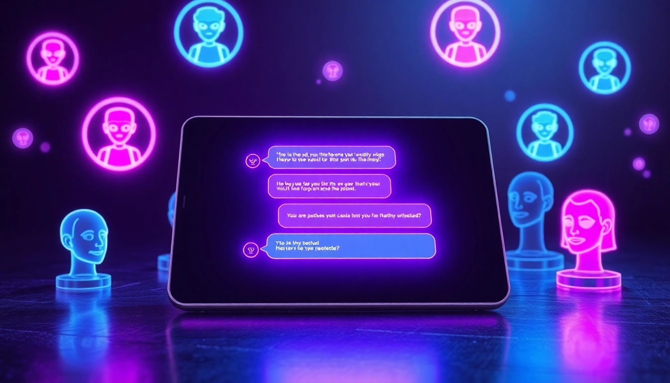 A futuristic smartphone displaying a vibrant AI chat interface with colorful text bubbles and holographic avatars.