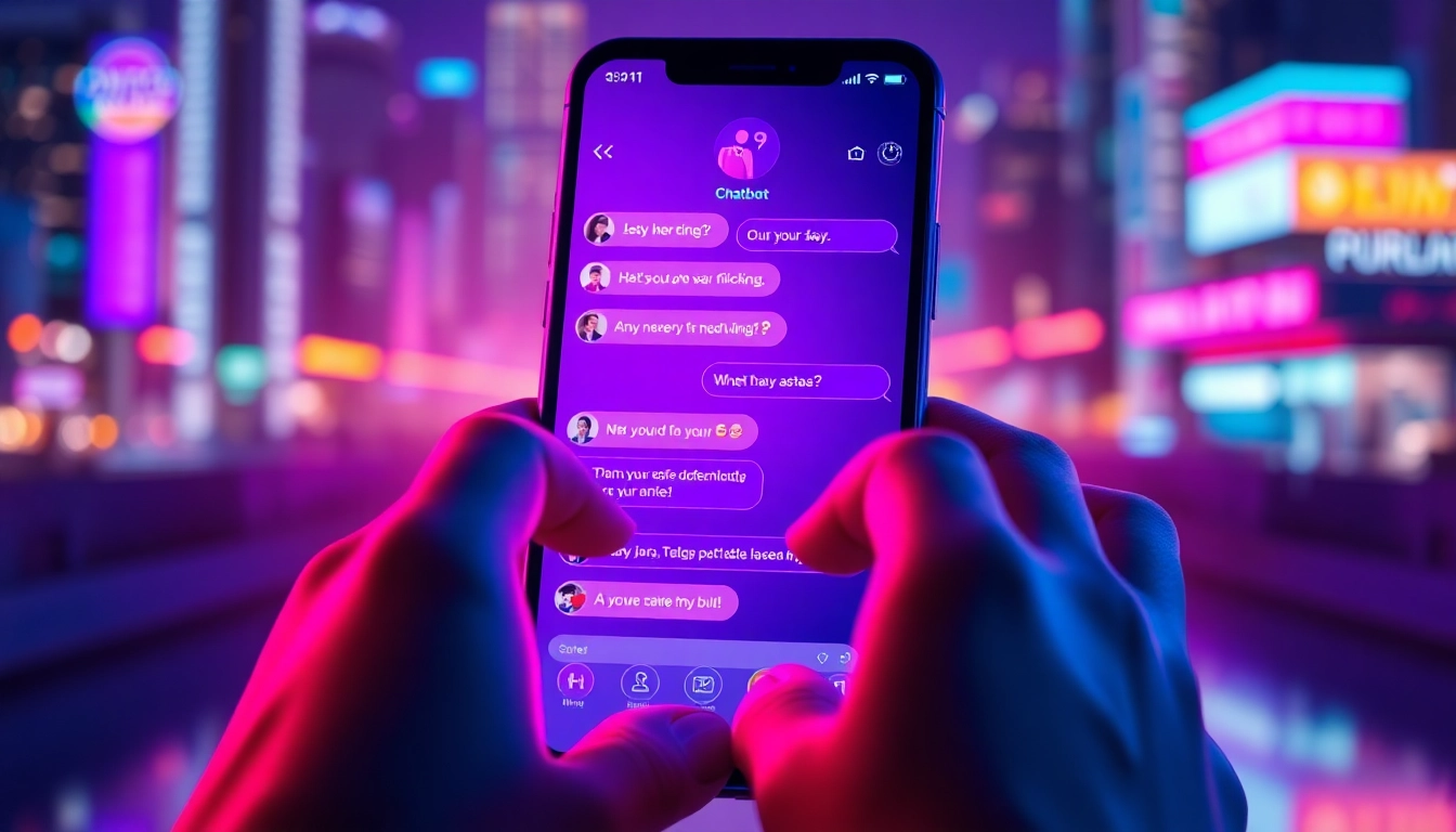 A futuristic smartphone displaying a vibrant, neon-colored chatbot conversation with an AI character, set against a blurred cityscape background, emphasizing advanced technology and a spicy, engaging experience.