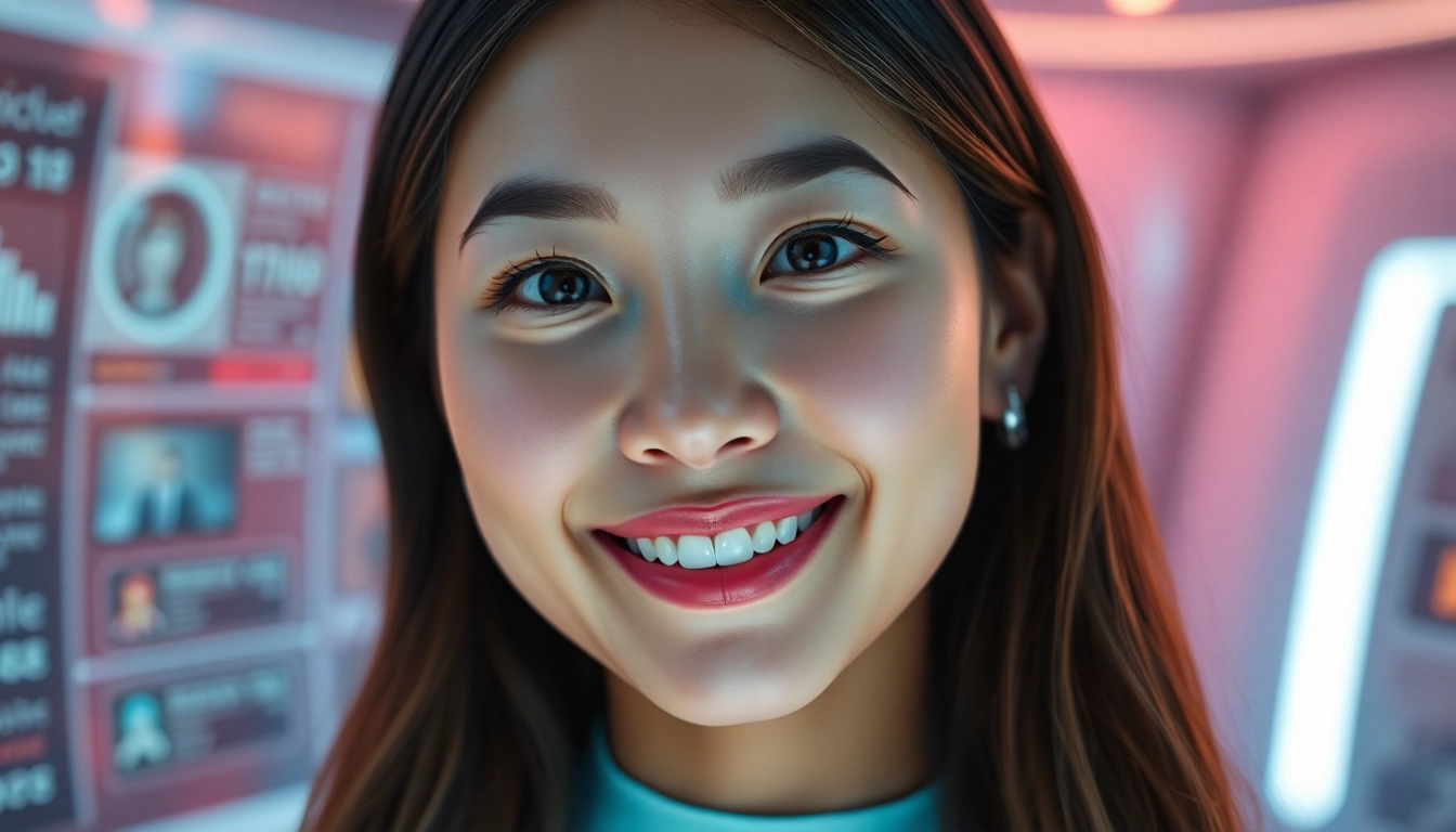 Ai girlfriend virtual avatar engaging in conversation with vibrant, inviting digital backdrop for emotional connection.