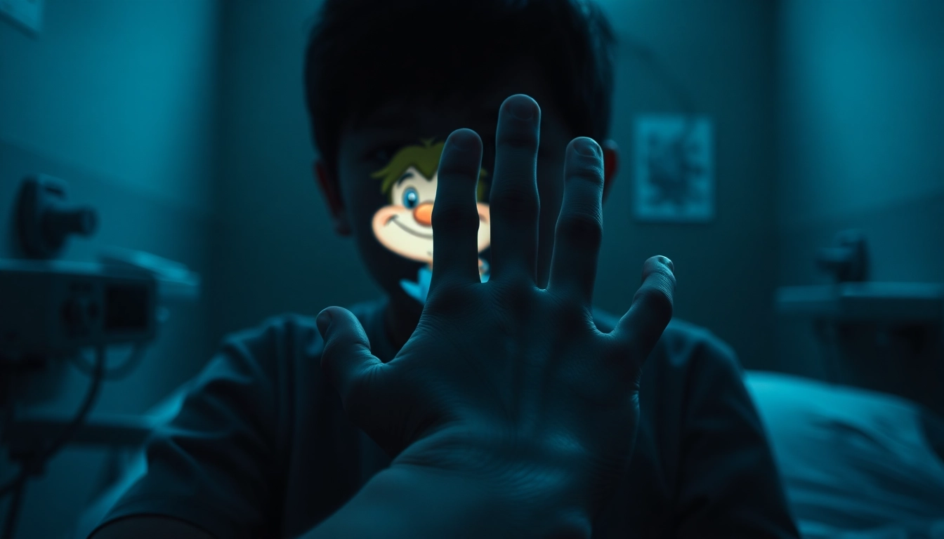 A distressed person watching a cartoon character on a screen, with shadows and a dark atmosphere highlighting moral conflict.