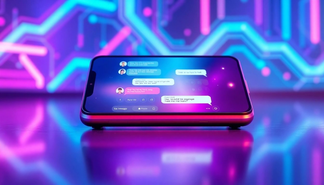 Futuristic AI chatbot interface on a modern device with neon accents and digital holograms.