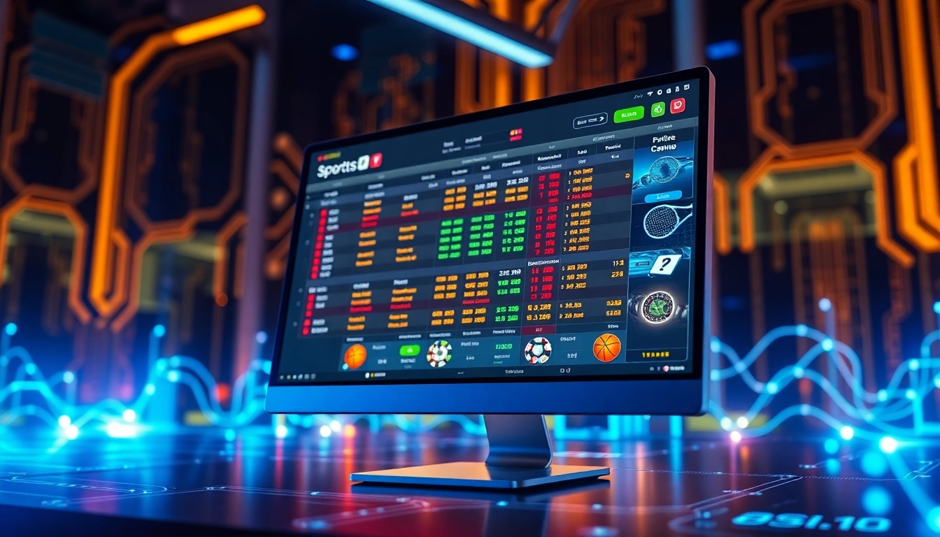 An illustration of an online sportsbook and casino platform displayed on a computer screen with colorful betting odds and sports icons, set against a modern digital background.