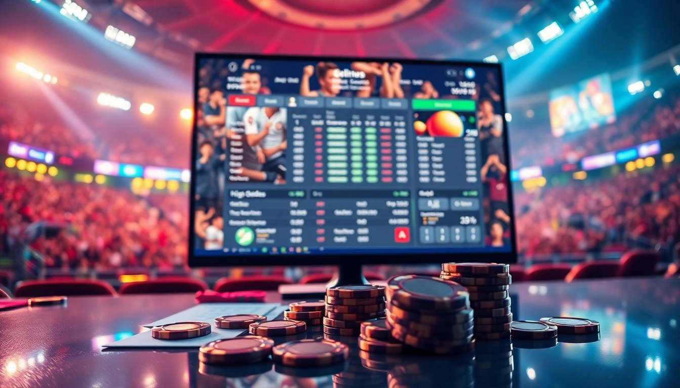 Digital sportsbook and casino interface with sports arena in the background, illustrating online betting excitement.