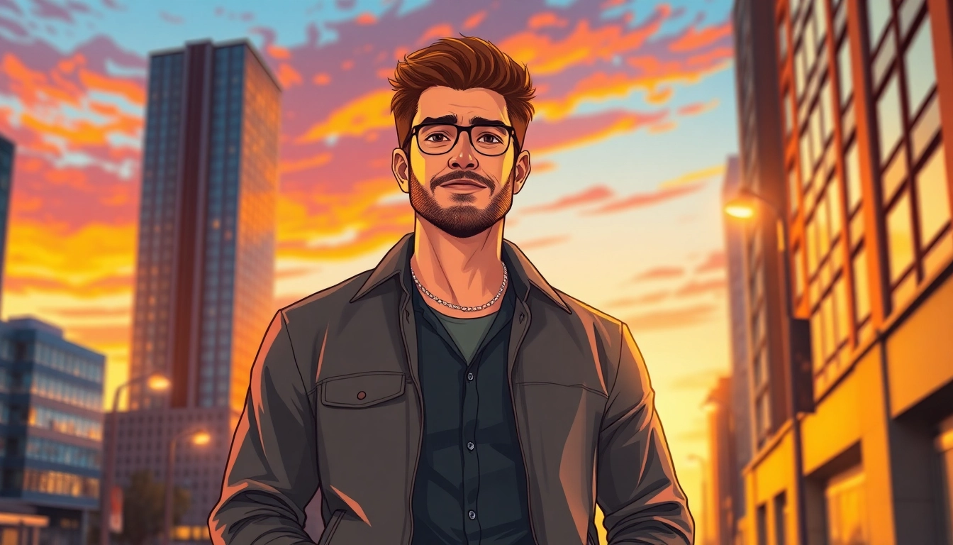 A confident man standing in an urban setting during sunset, with cityscape background and warm lighting.