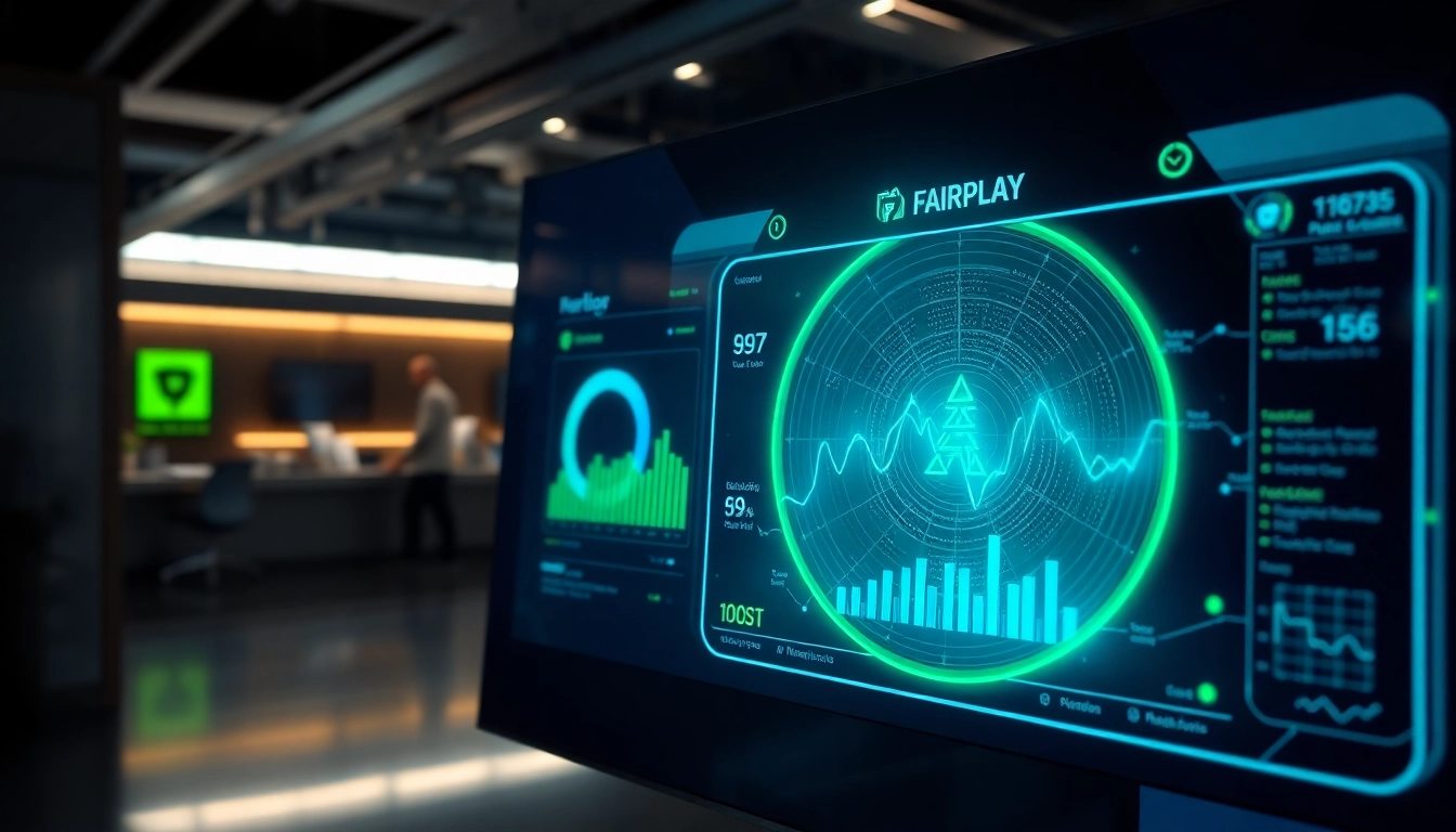 Illustration of fairplay analytics with a focus on trust and technology, showcasing data visualization and digital decision-making for users.