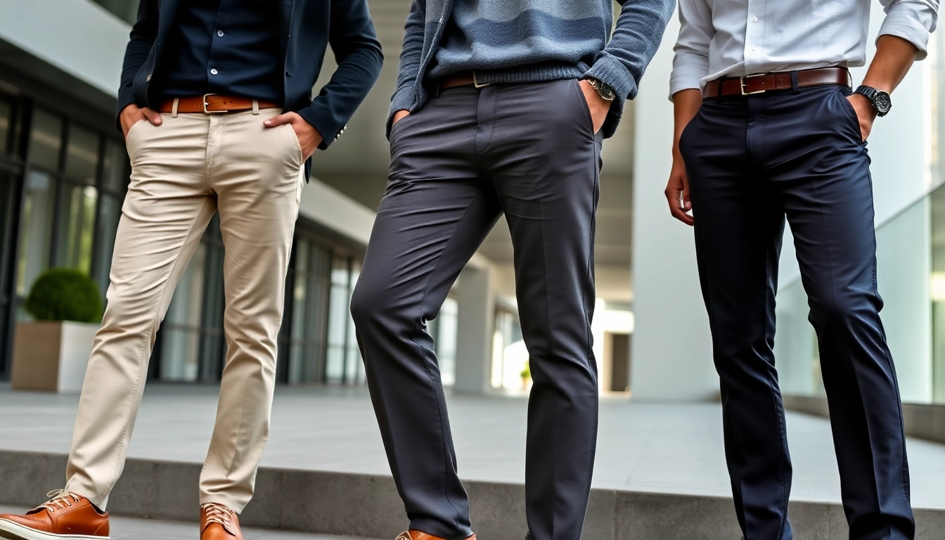 Men's trousers in various fits and styles, showcasing comfort and fashion in contemporary settings for everyday wear or formal occasions.