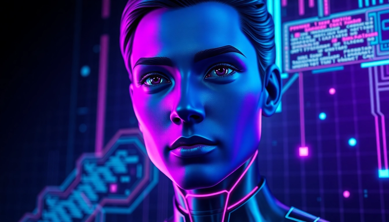 Futuristic digital scene with glowing AI interface and holographic elements in a cyberpunk style.