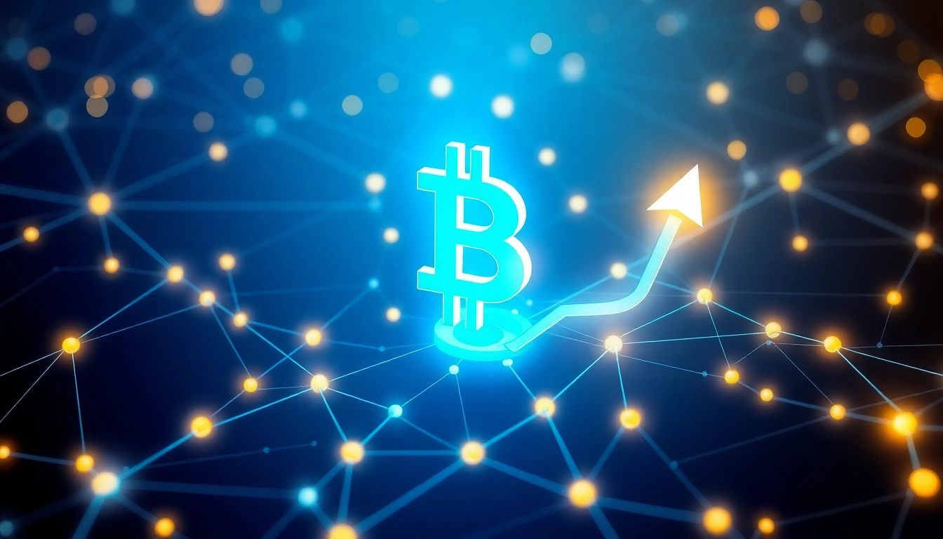 Bitcoin symbol rising over blockchain network representing growth in cryptocurrency investments