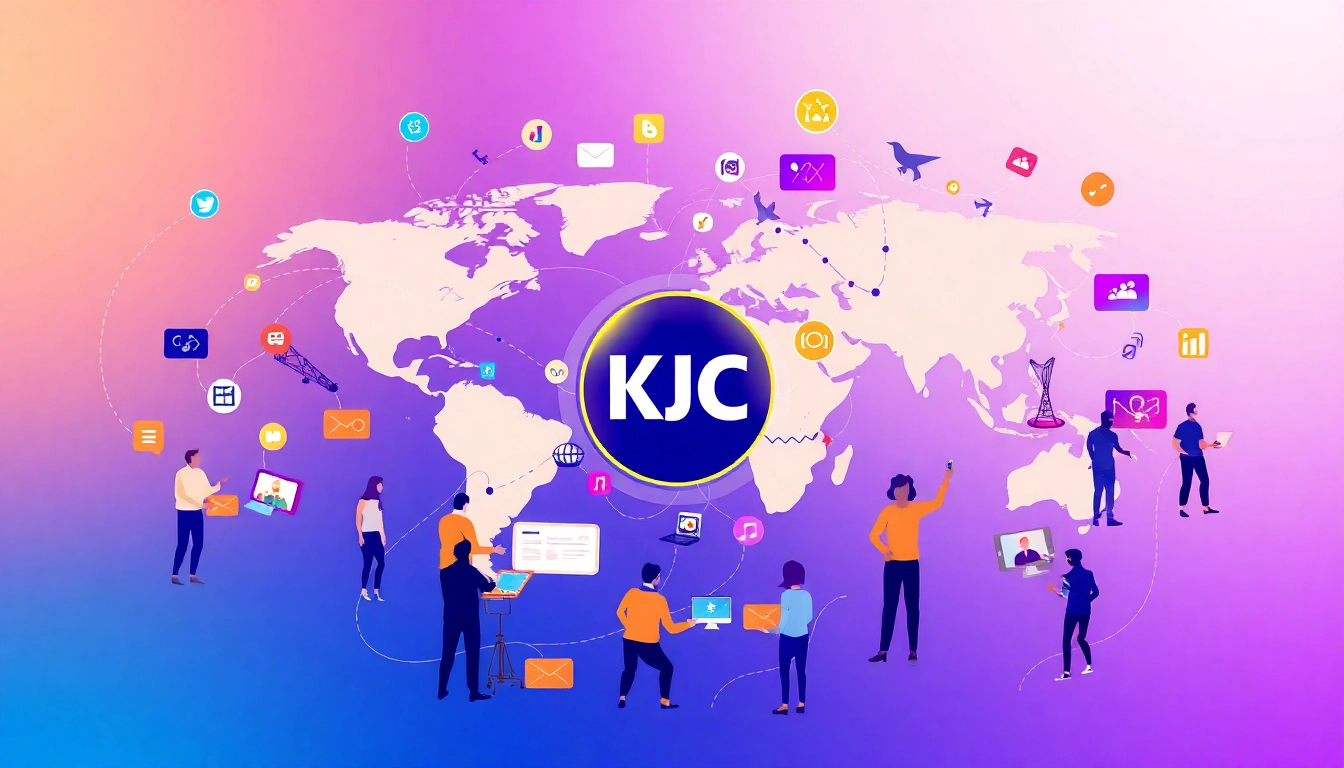 KJC logo displayed prominently on a digital platform, symbolizing a trusted international media and entertainment alliance engaging users worldwide with modern design and energetic visuals.