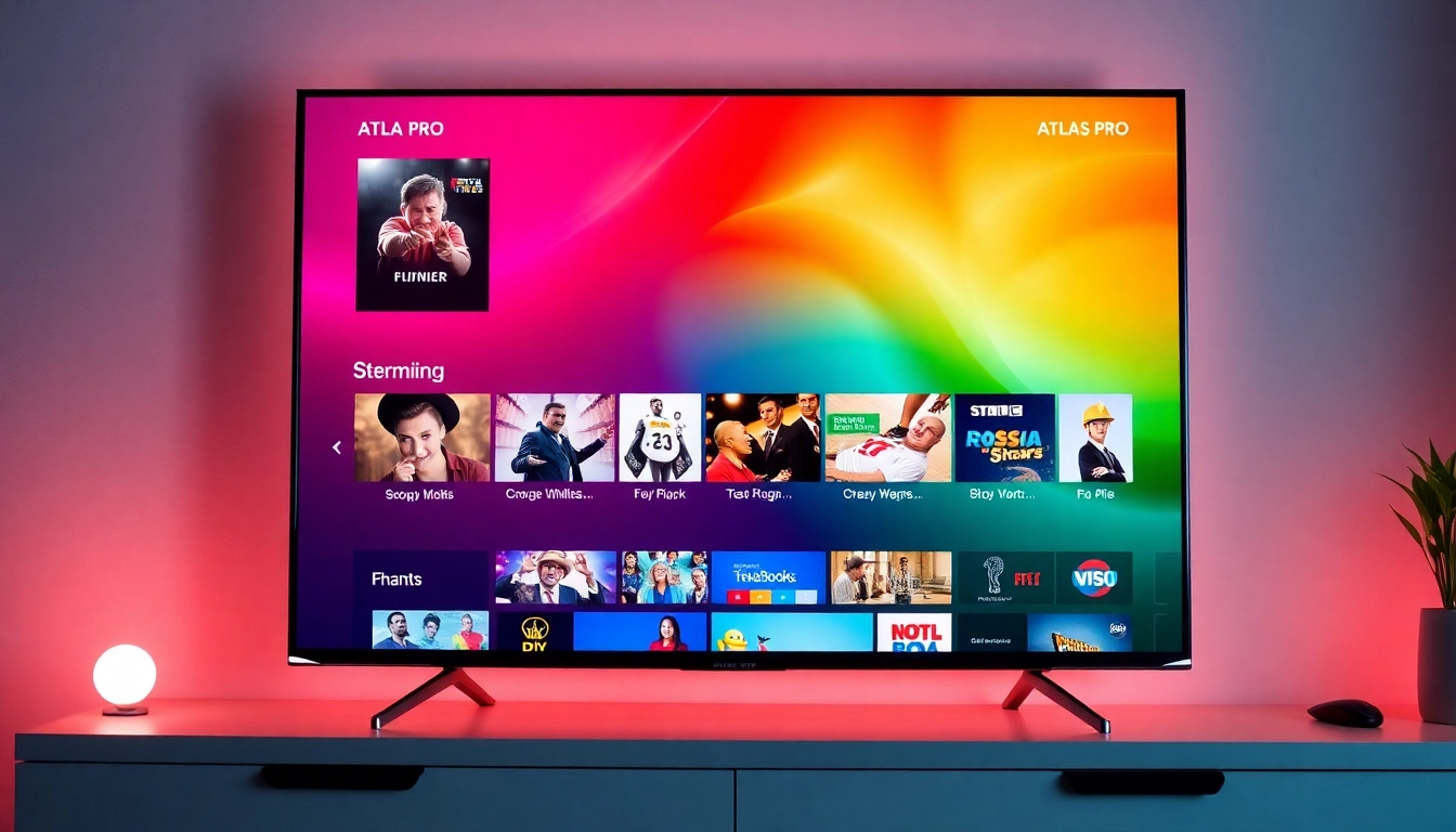 Bright modern scene of an IPTV user enjoying Atlas Pro IPTV on a high-definition smart TV, emphasizing clarity and high-quality streaming for users seeking reliable service.