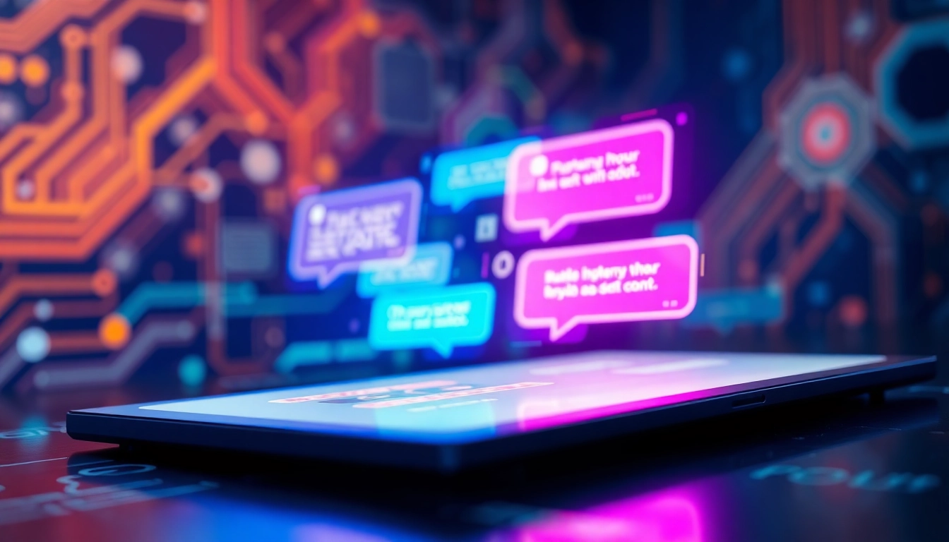 Futuristic AI chatbot interface with colorful glowing chat bubbles and digital background