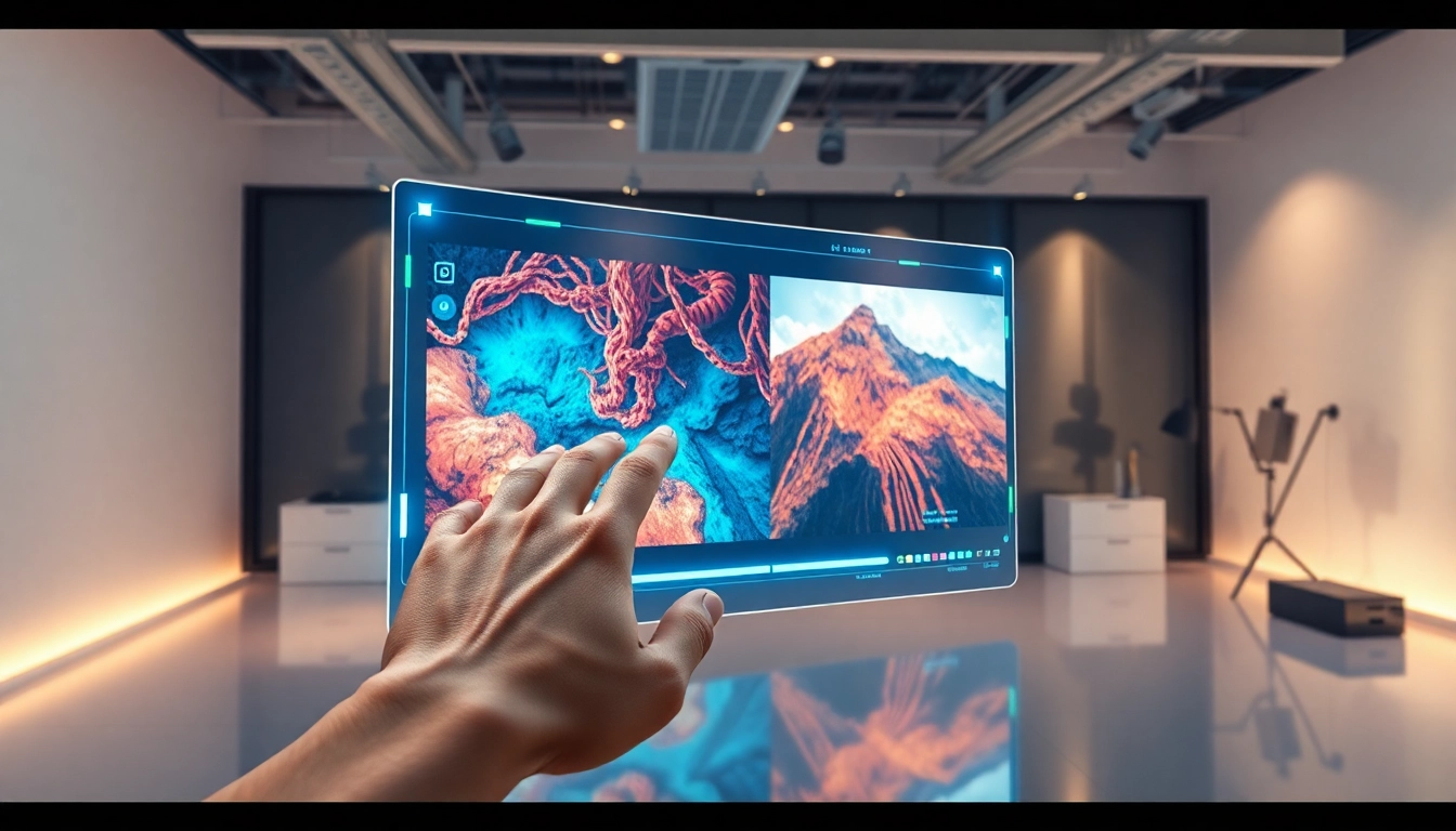 Futuristic AI interface with vibrant image editing displays in a modern workspace.