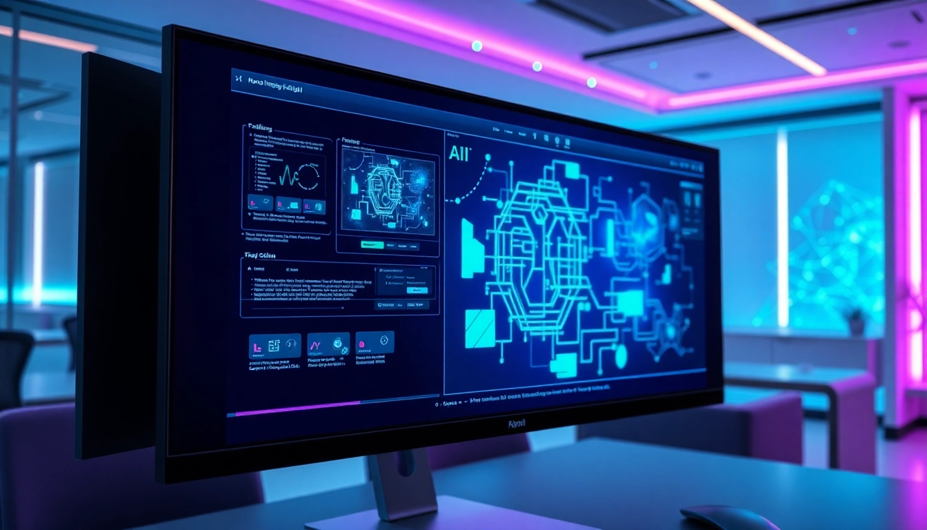 Futuristic workspace with a monitor showcasing advanced AI image editing in vibrant colors and modern design.
