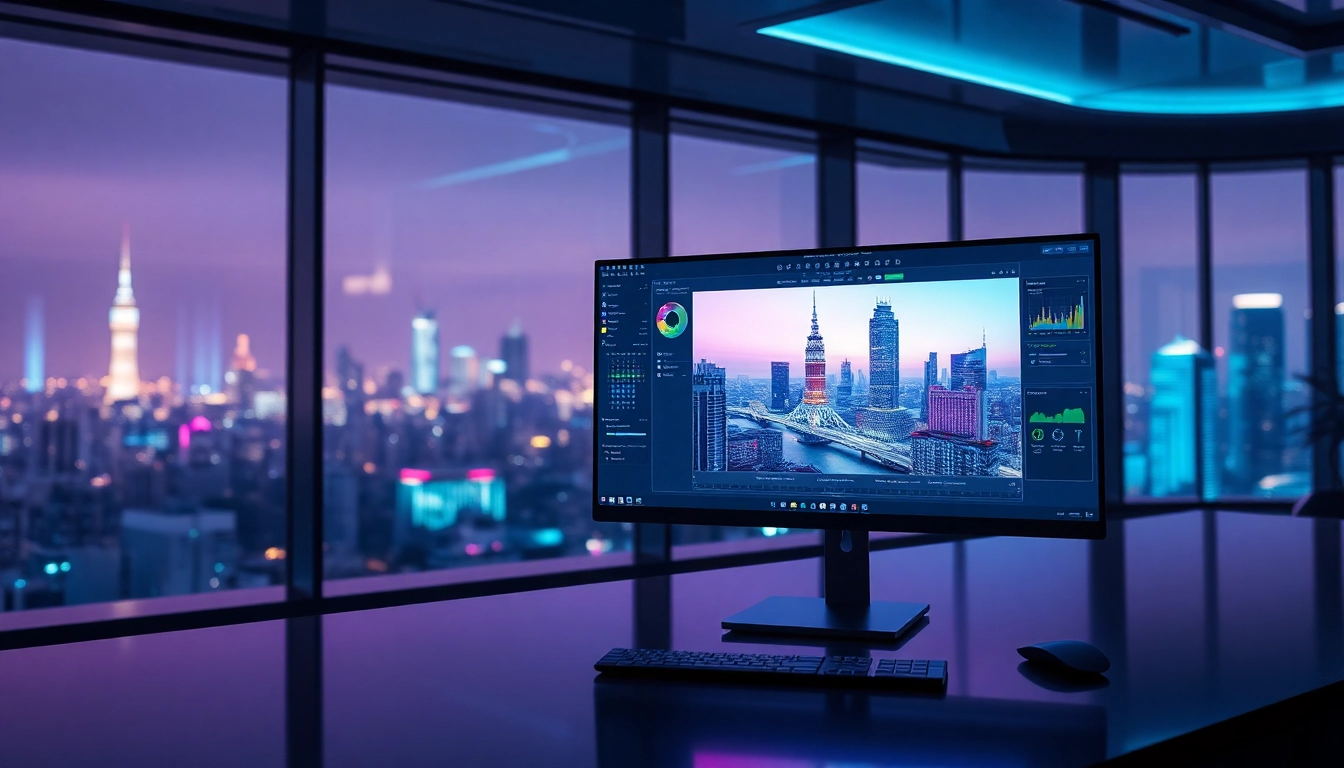 Futuristic workspace showcasing advanced AI image editing on a high-tech monitor with cityscape view