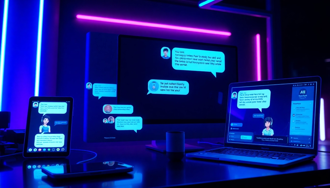 Futuristic digital interface with AI chat windows and holographic elements in a neon-lit cyberpunk style