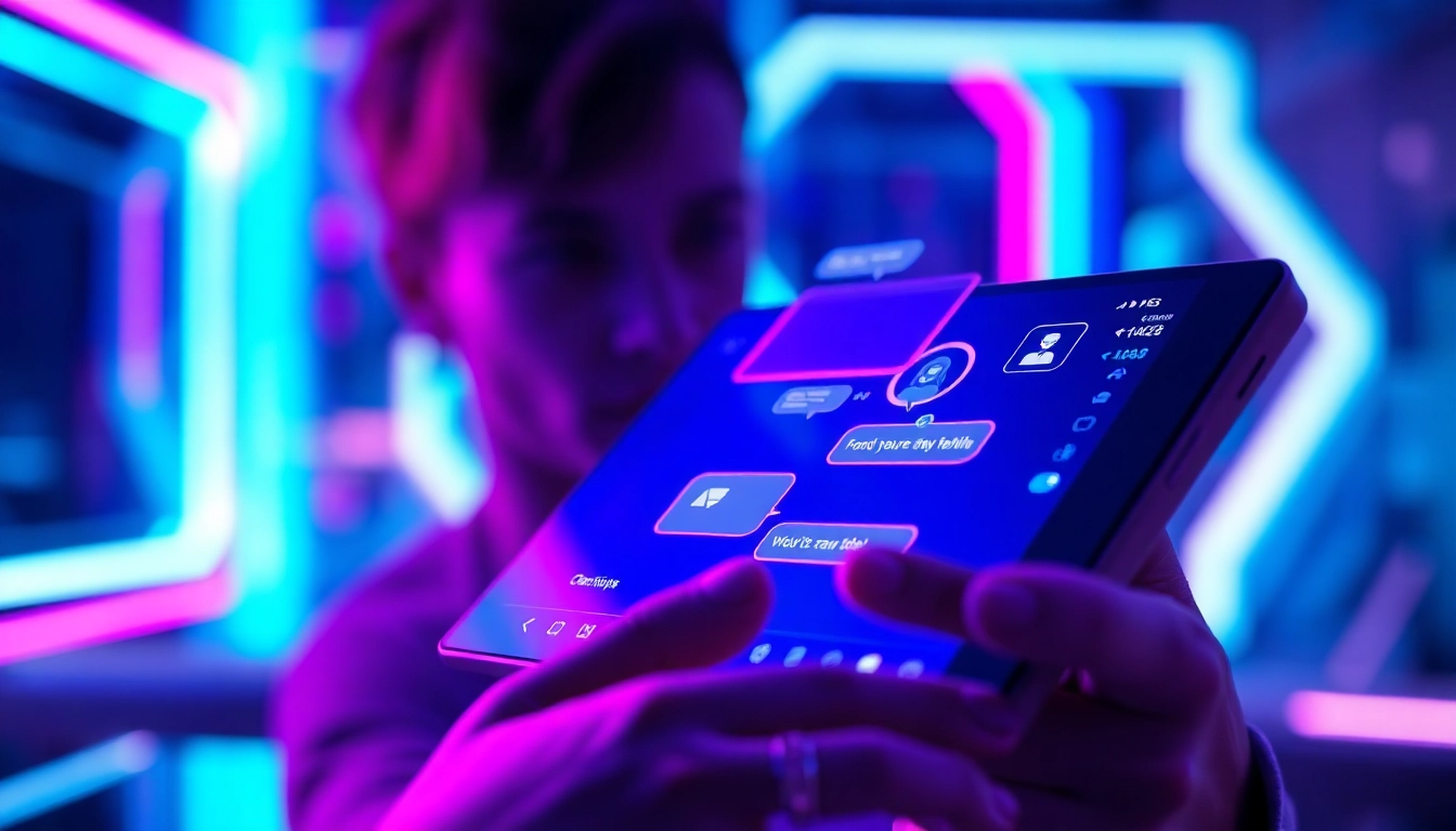 A futuristic digital chat interface with holographic speech bubbles and glowing neon accents, highlighting AI interaction in a high-tech environment.