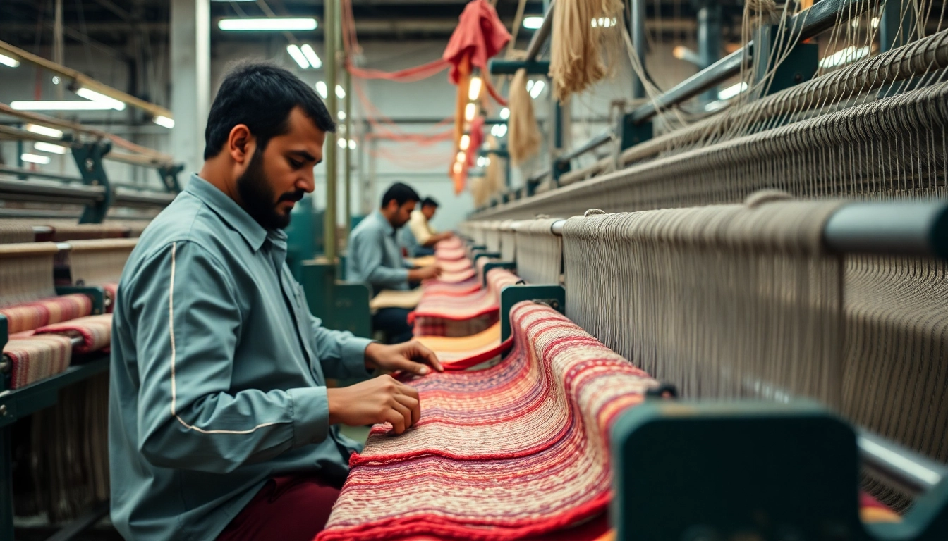 Detailed view of towel manufacturing process in Pakistan showcasing yarn weaving, a key step in producing high-quality towels for the global market, highlighting industrial precision and craftsmanship.