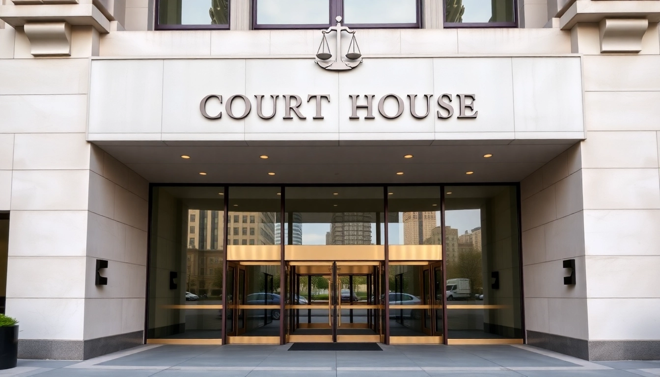 KJC legal services represented by a modern courthouse building with justice symbols for