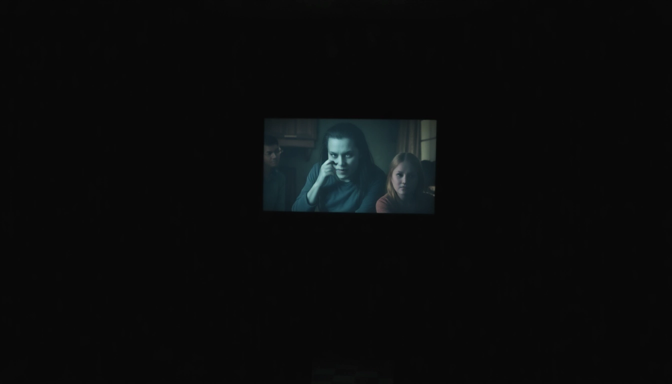 Scene depicting a suspenseful horror video scene with shadowy figures watching in darkness for immersive scare experience.