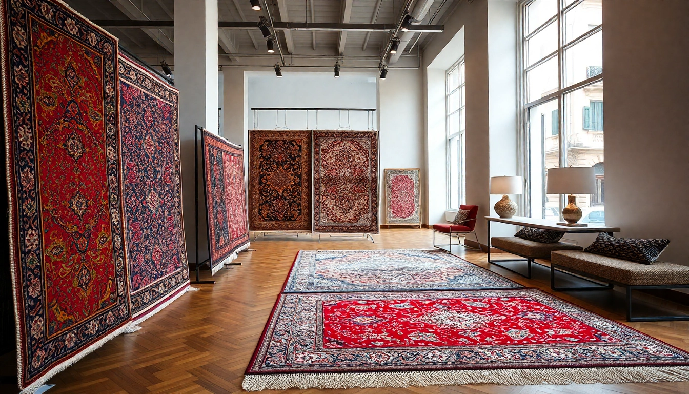 Professional shop showcasing diverse Tappeti a Milano in a spacious, well-lit environment