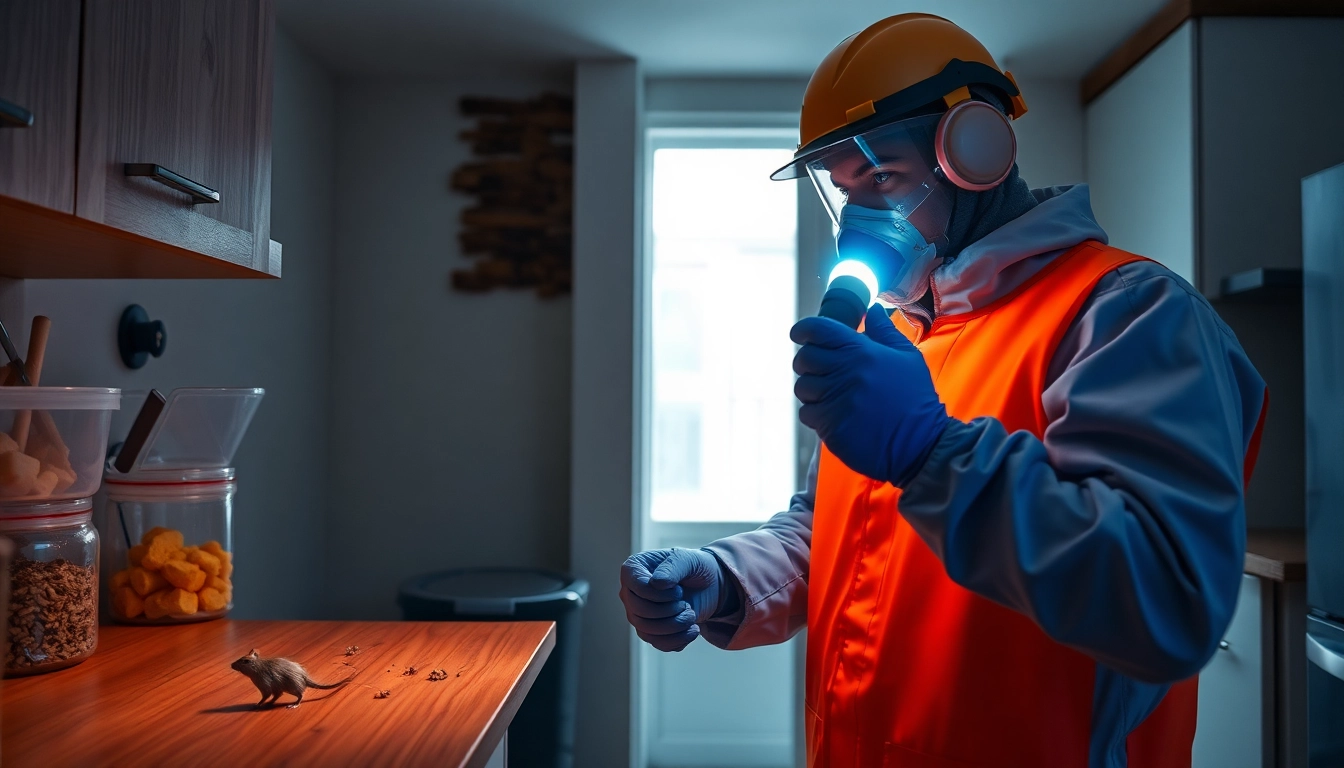 Pest control technician inspecting a kitchen with UV light to detect rat activity, showing signs of gnaw marks and pest evidence.
