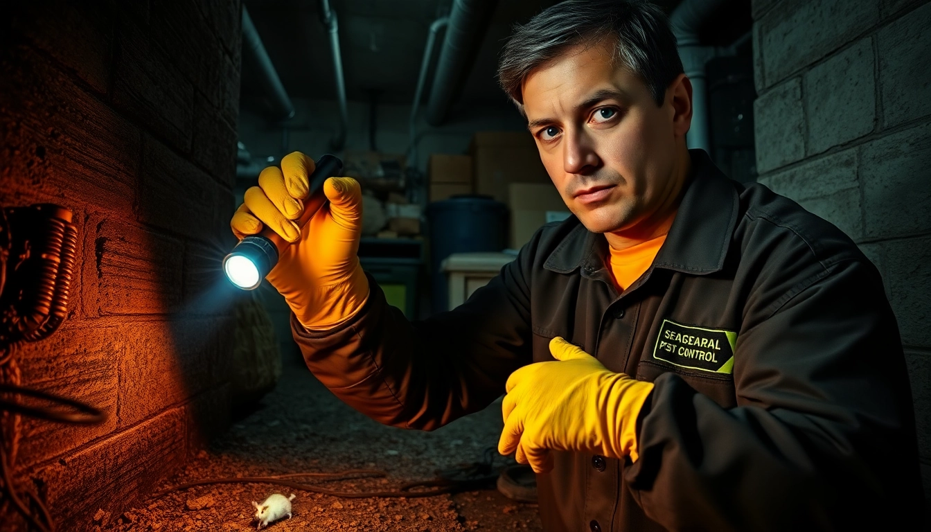 Technicus voert inspectie uit voor rattenbestrijding met UV-licht in een kelder.