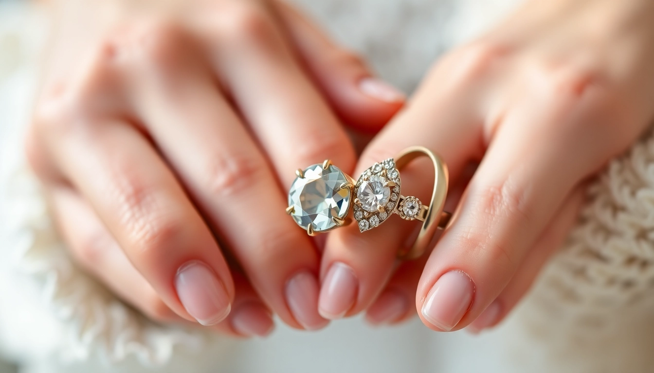 Showcase of individualus suzadetuviu ziedai with intricate designs and sparkling gemstones on