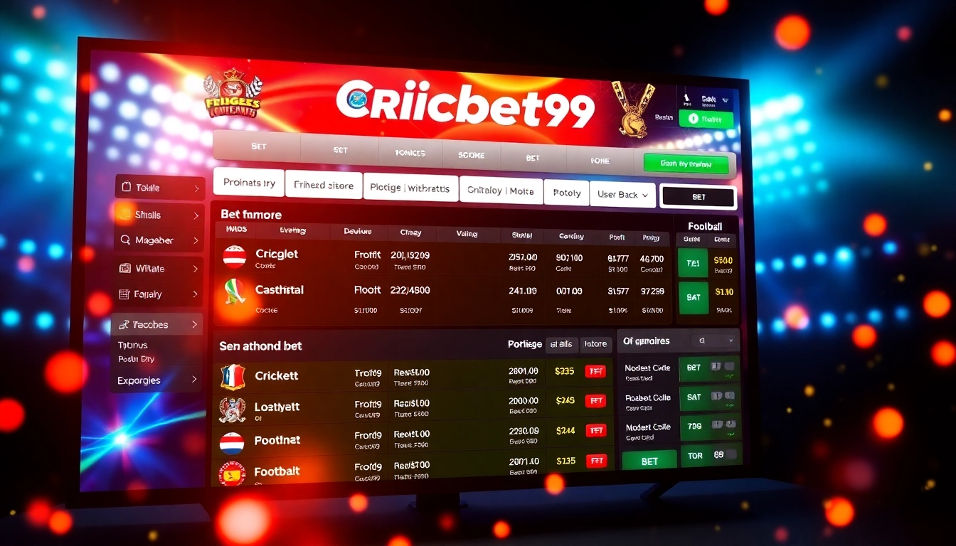 Cricbet99 online betting platform with cricket and football scores, vibrant interface for users