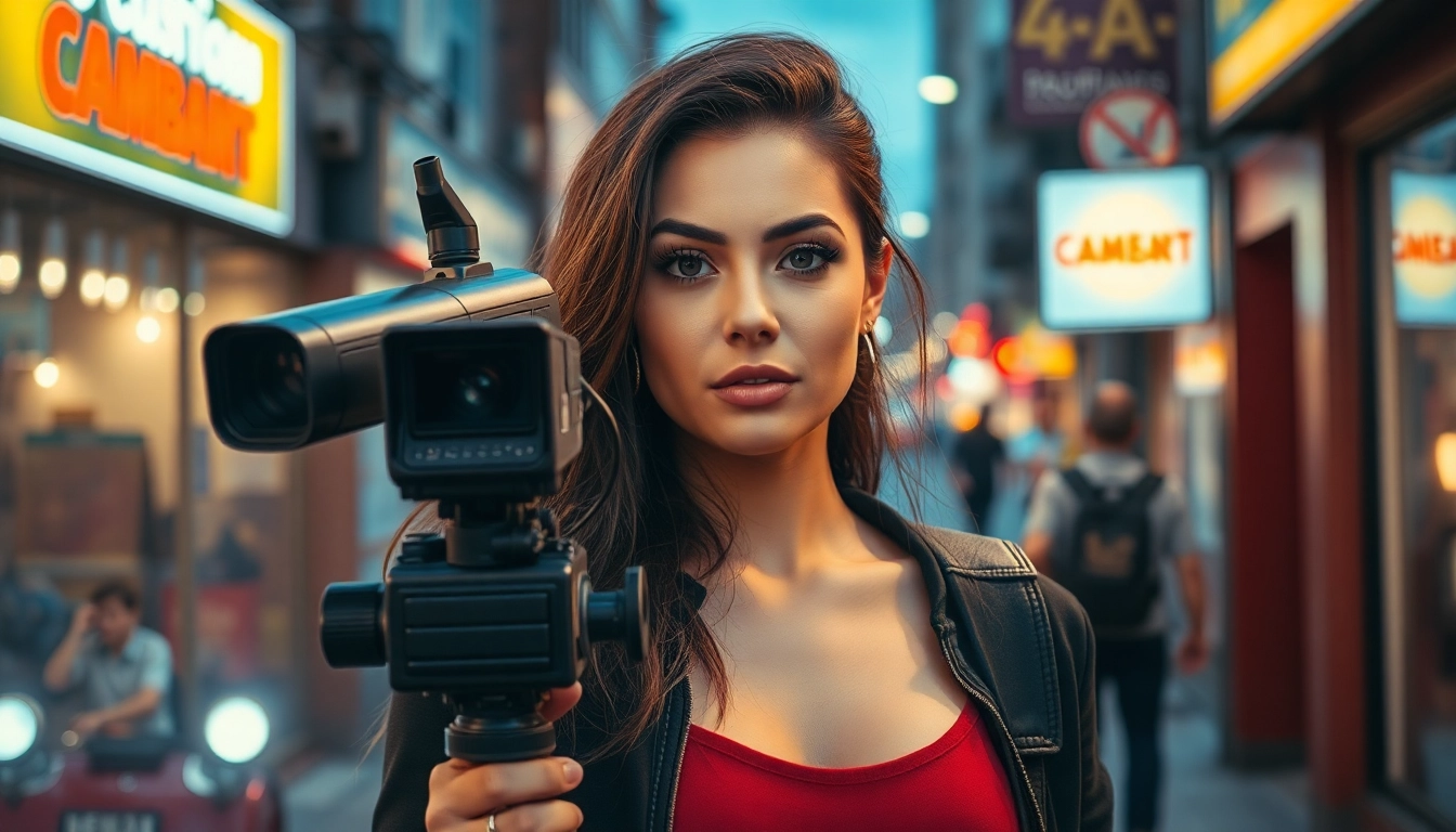 Authentic scene of woman engaging in sex za rychle prachy on busy street with camera and city
