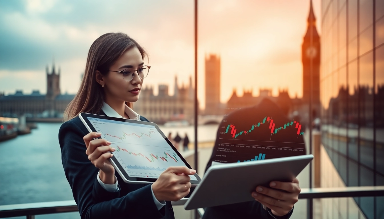 A financial expert reviews investment strategies on a tablet with UK landmarks, showcasing the