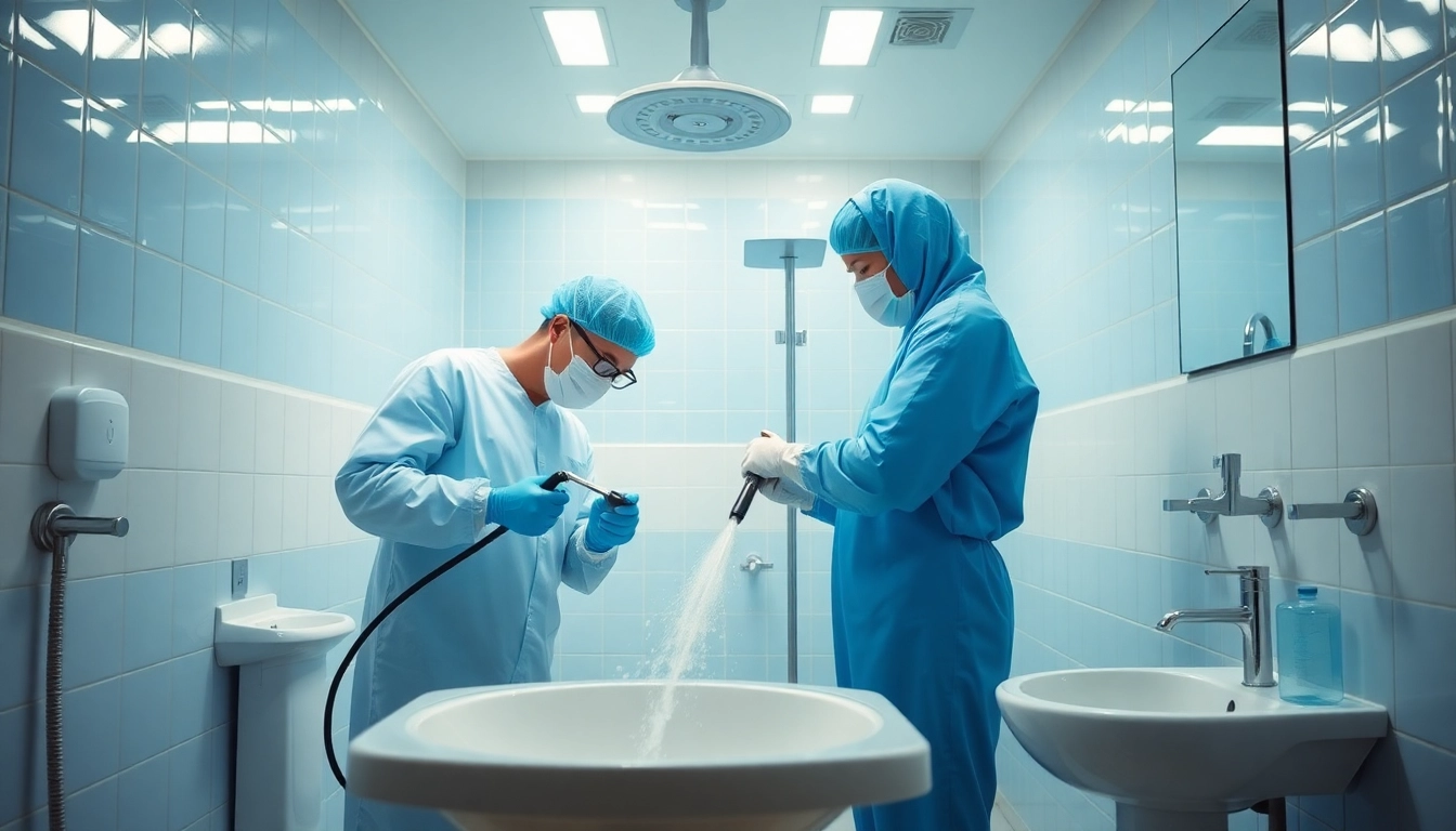 Experienced technicians performing to ensure bathroom cleanliness and problem solving with