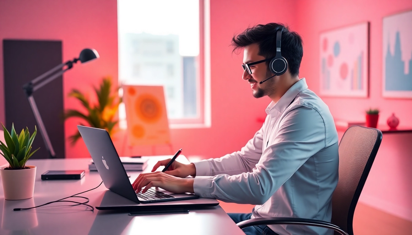 Professional freelance product designer creating UIUX designs on a laptop in a modern workspace