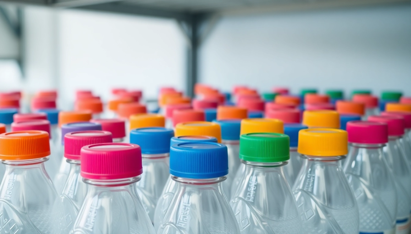 Polietilen sze bottles in vibrant colors being handled in a manufacturing facility,