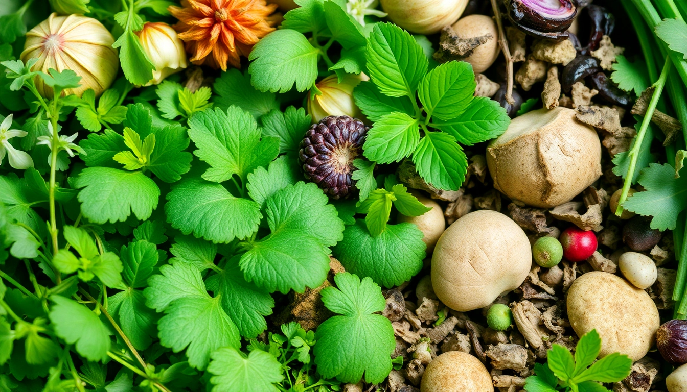 Colorful botanicals and herbs arranged for natural health and wellness applications