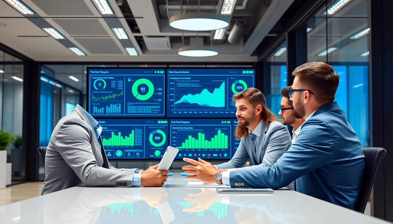 Business professionals analyzing tech investment opportunities through digital dashboards in a